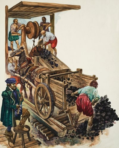 Ein Zähler notiert, wie viele Kohleladungen die Mine verlassen, während ein Bergmann einen Wagen füllt und andere mehr an die Oberfläche heben von Peter Jackson