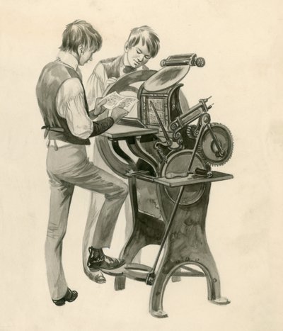 Die Gebrüder Wright als Jungen, die ihre Zeitung namens The Midget drucken. Originalkunstwerk für Treasure von Peter Jackson
