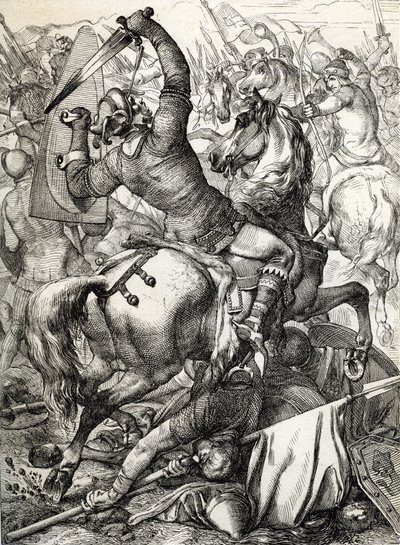 Schlacht von Hastings, 14. Oktober 1066, zwischen der normannisch-französischen Armee von Herzog Wilhelm II. von der Normandie und einer englischen Armee unter dem angelsächsischen König Harold II., während der normannischen Eroberung Englands von Peter Johann Nepomuck Geiger