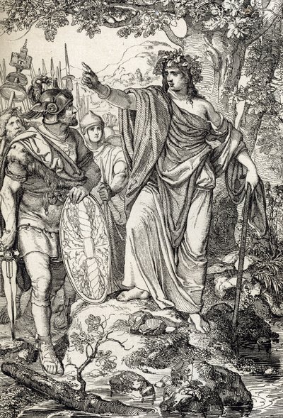Feldzüge des Germanicus: „Nero Claudius Drusus Germanicus (38-9 v. Chr.) und seine Armee treffen eine junge Frau in den Regionen zwischen Weser und Elbe, um 12 v. Chr.“ (Eroberung Germaniens: römischer General Nero Claudius Drusus Germanicus und seine Arme von Peter Johann Nepomuck Geiger