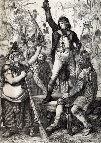 Ausbruch der Französischen Revolution 1789: Das versammelte Volk wird aufgefordert, die Farbe einer Kokarde zu wählen und zu den Waffen zu greifen. Historisch, von Anton Ziegler von Peter Johann Nepomuck Geiger