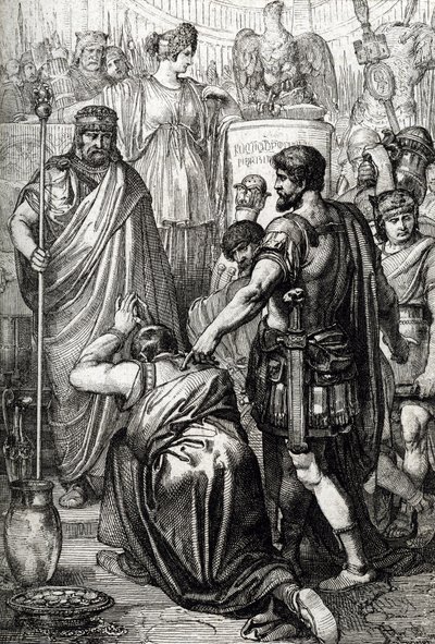 Vandalenkrieg: Die Kapitulation des Vandalenkönigs Gelimer vor dem byzantinischen General Belisarius (500-565) im März 534, Karthago, Afrika von Peter Johann Nepomuck Geiger