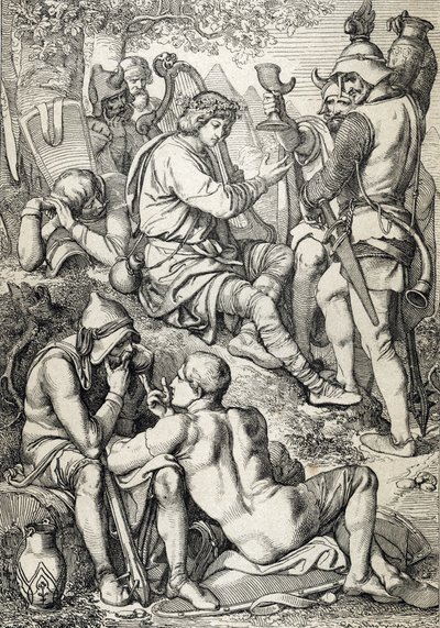 Krieg gegen die Wikinger: Der König von Wessex Alfred I. der Große (846-899) verkleidet sich als Harfenspieler und betritt das Lager von Guthrum, um seine Schlachtpläne zu stehlen, Somerset 878 von Peter Johann Nepomuck Geiger