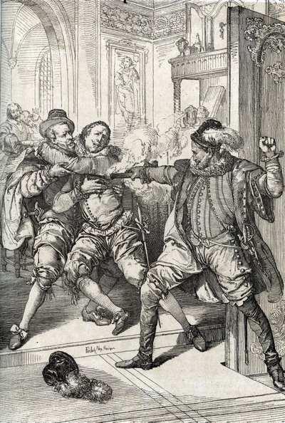 Krieg der vierzig Jahre (1568-1648): Die Ermordung von Wilhelm von Oranien, genannt Wilhelm der Schweiger (1533-1584) am 10.07.1584 durch Balthazar Gerard während des Achtzigjährigen Krieges von Peter Johann Nepomuck Geiger