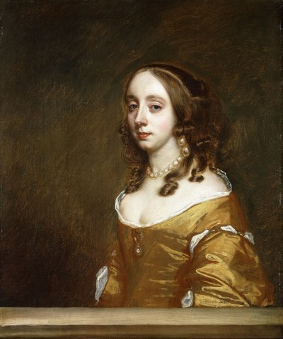 Porträt einer Dame der Familie Popham, Halbfigur, hinter einem Fenster, in einem orangefarbenen Kleid von Peter Lely