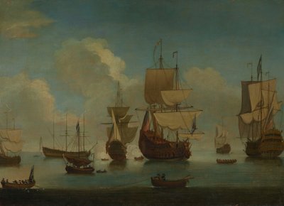 Englische Kriegsschiffe vor Anker in ruhiger See, Segel trocknend, frühes 18. Jahrhundert von Peter Monamy