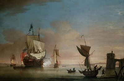 Die Morgensalve, Zweidecker-Kriegsschiff mit anderen Schiffen von Peter Monamy