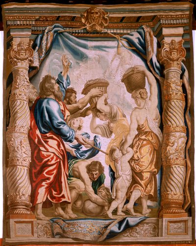 Flämischer Wandteppich. Das Herabfallen des Manna in der Wüste (La caída del maná en el desierto). Serie Der Triumph der Eucharistie. Dritter Wandteppich der Serie. Modell Peter Paul Rubens. 1626-1628. Herstellung Jan II Raes, Jacob II Geubels, Hans Vervoe von Peter Paul (after) Rubens