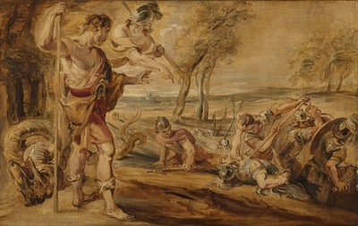 Kadmos, von Minerva geführt, beobachtet den Kampf der Spartoi von Peter Paul Rubens (after)