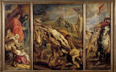 Die Errichtung des Triptychon-Kreuzes von Peter Paul Rubens (1577-1640) 17. Jahrhundert. Dim. 0,68x1,07 m Paris, Musée du Louvre von Peter Paul Rubens
