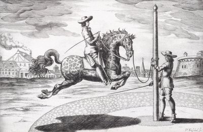 Ein Pferd en Capriole aus Neuem Traktat zur Pferdezucht, geschrieben von Winters, Stuterey und Reit-Schul, 1672 von Peter Paul Troschel