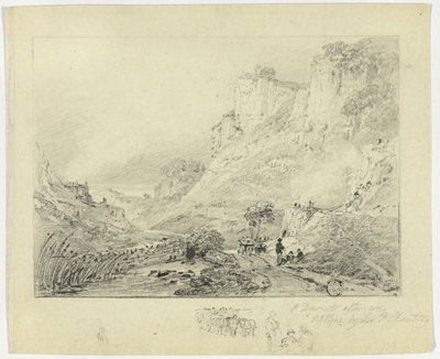 Figuren und Pferdekarren in Landschaft mit Klippen von Peter de Wint