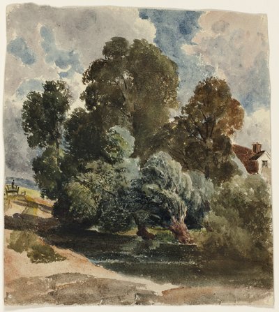 Baumgruppe (recto), Skizze der Aderley-Kirche (verso) von Peter de Wint