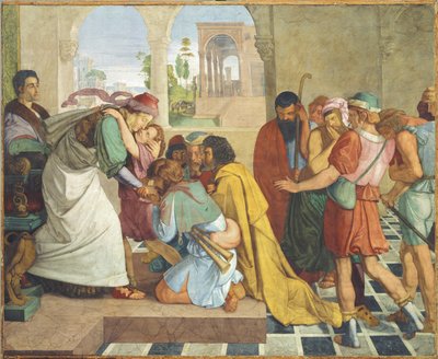Joseph gibt sich seinen Brüdern zu erkennen. Wandgemälde aus dem achtteiligen Zyklus aus der Casa Bartholdy in Rom von Peter von Cornelius