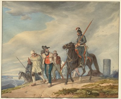 Drei bewaffnete Reiter eskortieren Gefangene in der Nähe von Reims von Peter von Hess