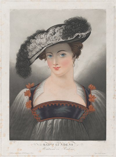 Porträt von Susanna Lunden, mit breitkrempigem Hut mit Federn von Philibert Louis Debucourt