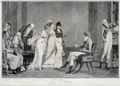 Die Orange oder das moderne Urteil des Paris Parodie des Urteils des Paris, inszeniert einen jungen Mann in der Mode des Directoire, der zwischen drei Wunderschönen wählt. Drucke von Philibert Louis Debucourt, um 1800 von Philibert Louis Debucourt