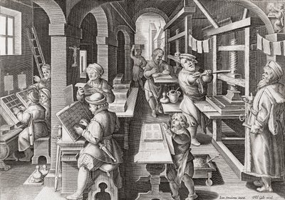 Eine europäische Druckerei um 1590 (Gravur) von Philip (after) Galle