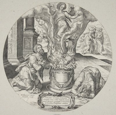 Der Engel tritt in die Flammen auf Manoas und seiner Frau Altar von Philip Galle