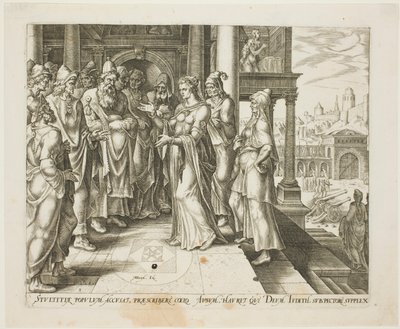 Judith spricht zu den Ältesten von Bethulia, Platte drei aus Die Geschichte von Judith und Holofernes von Philip Galle