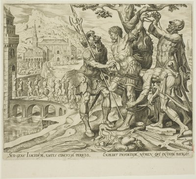 Die Israeliten finden Achior an einen Baum gebunden, Platte zwei aus Die Geschichte von Judith und Holofernes von Philip Galle