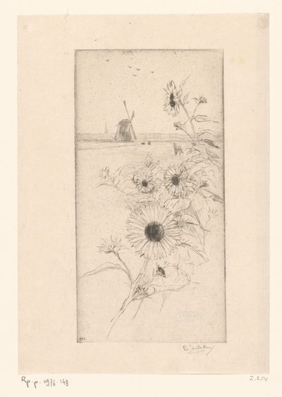 Sonnenblumen vor einer Weidelandschaft mit Pferden und Mühle von Philip Zilcken (signed by artist)