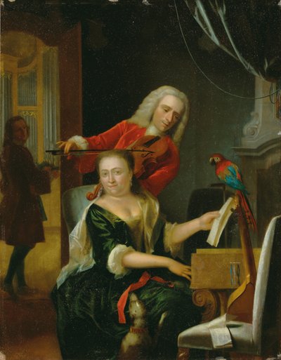 Porträt eines Gentlemans und seiner Frau, die Musik machen, in einem Innenraum von Philip van Dijk