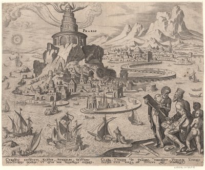 Der Leuchtturm von Alexandria aus der Serie Die acht Weltwunder nach Maarten van Heemskerck, 1572 von Philipp Galle