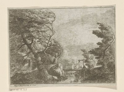 Stürmische Landschaft mit Bäumen neben einer Brücke über einen Fluss von Philipp Hieronymus Brinckmann