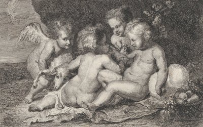 Eine Gruppe von drei Kindern und ein Putto mit Früchten und einem Lamm von Philippe Lambert Joseph Spruyt