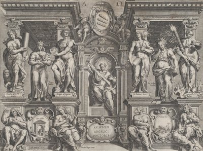 Allegorischer Thesendruck mit verschiedenen Figuren in einer architektonischen Struktur von Philippe Thomassin