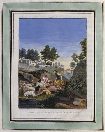 Daphnis und Chloe befreien Dorcon von ihren Hunden. Illustration aus Les Amours pastorales de Daphnis et Chloe, 1787 von Philippe d