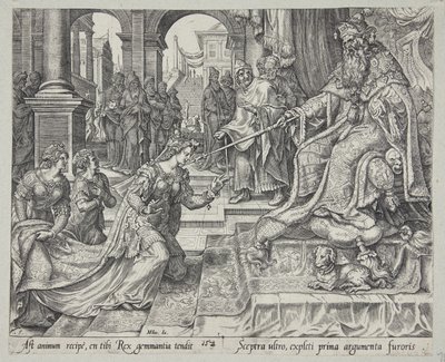 Esther vor Ahasverus, ihn zu einem Festmahl einladend von Philips Galle