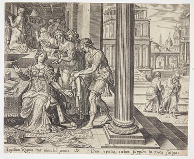 Esthers Diener berichten ihr von Mordechais Ablehnung des Gewandes von Philips Galle