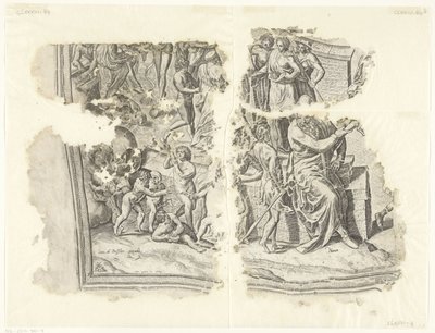 Linke untere Ecke einer Druckgrafik der Szene von Cebes (Tabula Cebetis Carta Vitae) von Philips Galle