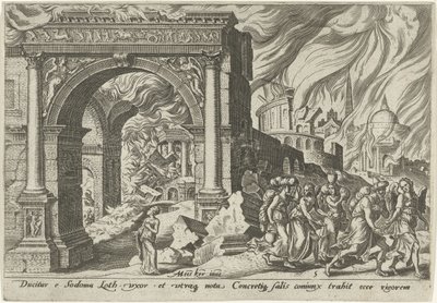 Lot und seine Familie verlassen die Stadt Sodom (Die Unglückstage des jüdischen Volkes) von Philips Galle