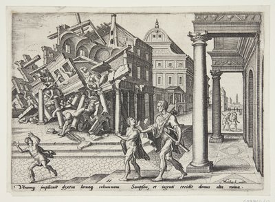Samson wird aus dem Gefängnis entlassen und zerstört den Tempel der Philister von Philips Galle