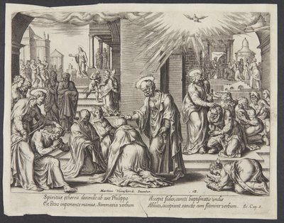 St. Peter, St. Johannes und St. Philipp legen den Getauften in Samaria die Hände auf von Philips Galle
