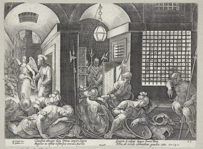 Der heilige Petrus wird vom Engel aus dem Gefängnis befreit von Philips Galle