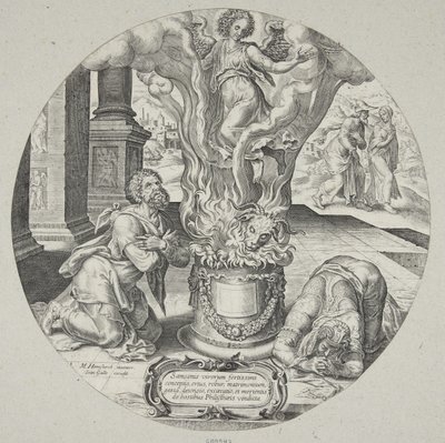 Der Engel steigt in der Flamme auf dem Altar von Manoach und seiner Frau auf von Philips Galle