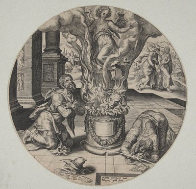 Der Engel steigt in der Flamme auf dem Altar von Manoah und seiner Frau auf von Philips Galle
