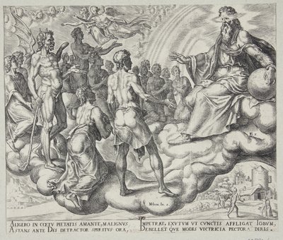 Die Söhne Gottes, Satan unter ihnen, stellen sich vor den Herrn von Philips Galle