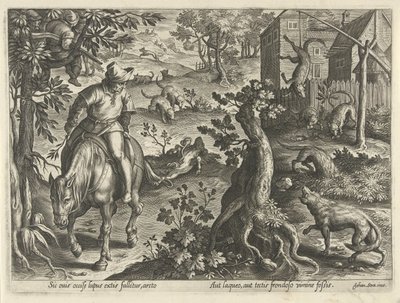 Wolfsjagd mit Fallen
Jagdszenen (Serientitel)
In quibus omne genus venationis, aucupij, piscatusque (Serientitel) von Philips Galle