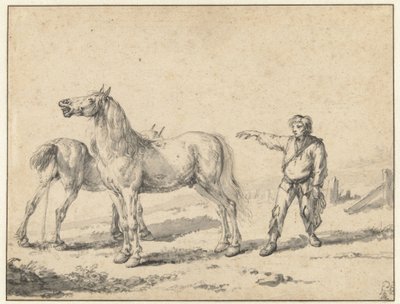 Zwei Pferde, eines uriniert und das andere wiehert, und ein stehender Mann mit erhobenem rechten Arm von Philips Wouwerman