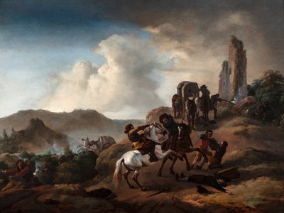 Banditen überfallen Reisende auf einem Pfad in einer italienischen Landschaft, ca. 1640-50 von Philips Wouwermans or Wouwerman