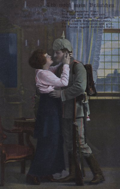 Deutscher Soldat verabschiedet sich von seiner Frau vor dem Krieg (farbiges Foto) von Photographer German