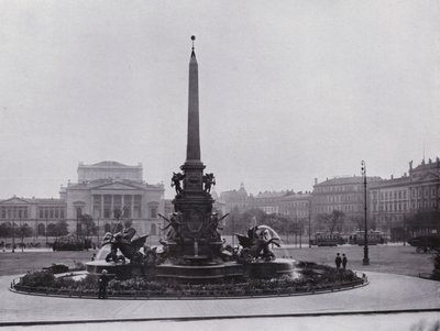 Leipzig: Mendebrunnen auf dem Augustusplatz und Neues Theater (s/w Foto) von Photographer German