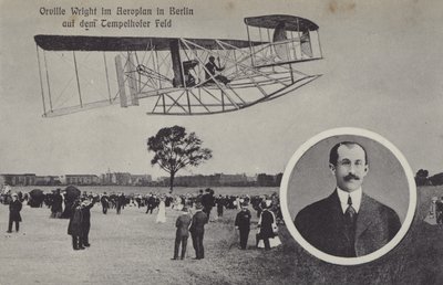 Orville Wright fliegt mit seinem Flugzeug über den Flugplatz Tempelhof, Berlin von Photographer German