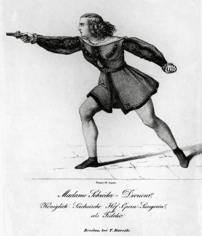 Porträt von Wilhelmine Schröder-Devrient, deutsche Sopranistin, in der Rolle der Leonora in Fidelio oder Die eheliche Liebe, von Ludwig van Beethoven, Gravur von Blaise Nicolas Le Sueur