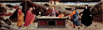 Polyptychon der Barmherzigkeit: um den Körper Jesu Christi: Heiliger Johannes, die Jungfrau Maria, Heilige Maria Magdalena, Heiliger Joseph von Arimathäa und Heiliger Nikodemus von Piero della (school of) Francesca